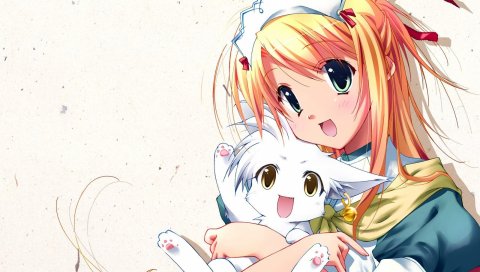 Koma sorune, девушка, блондинка, hug, кошка, улыбка