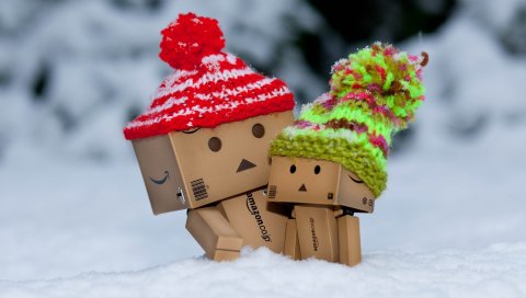 Danboard, робот, коробка, снег, пар, зима, шляпа