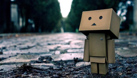 Danboard, коробки, робот, грязь, тротуар, ожидание, печаль, осень, дождь