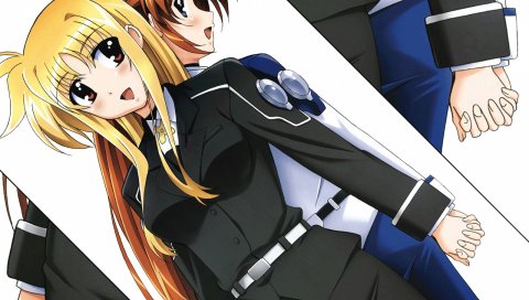 Волшебная девушка лирическая nanoha, девушки, улыбка, костюм