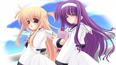 Mahou shoujo лирическая nanoha, девушки, портфели, небо
