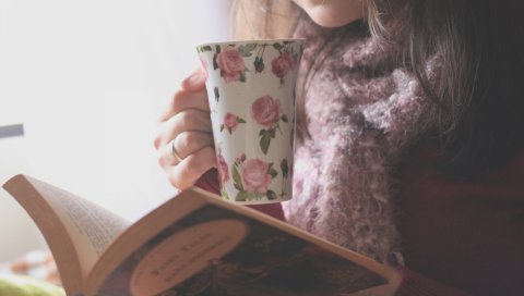 Рука, девушки, чашка, кофе, книга, настроение