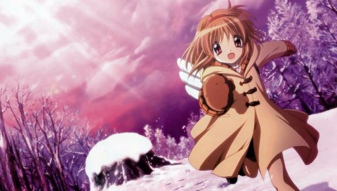 Kanon, tsukimiya ayu, девушка, бег, снег, пальто