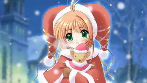 Sakura christmas, kinomoto sakura, девушка, рождественский костюм, медведь, игрушка