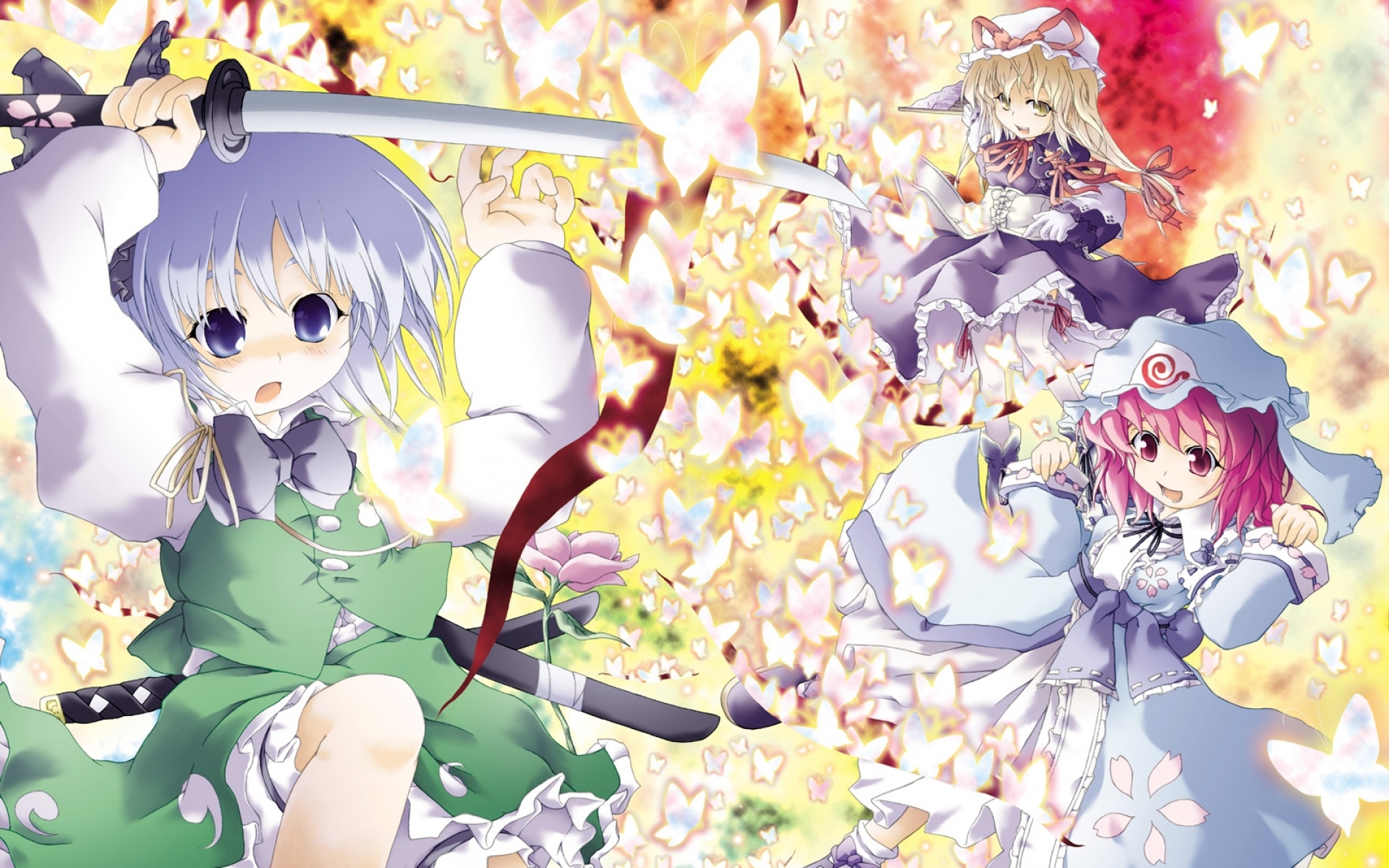 Картинки Konpaku youmu, saigyouji yuyuko, девушки, платье, меч, кепка фото и обои на рабочий стол