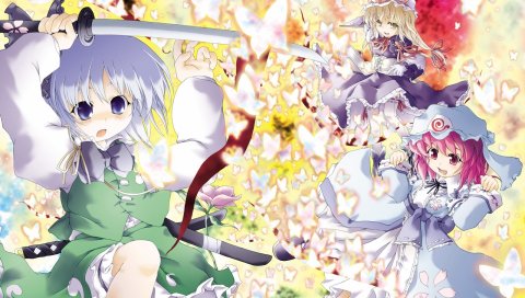 Konpaku youmu, saigyouji yuyuko, девушки, платье, меч, кепка