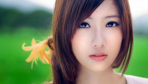Азиатский, лицо, глаза, цветок, волосы