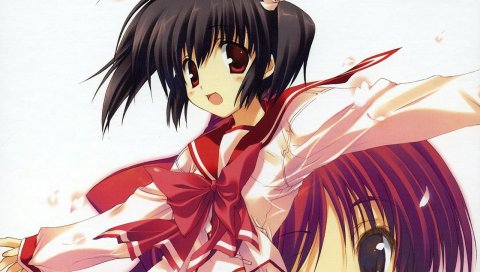 Mitsumi misato, к сердцу 2, yuzuhara konomi, девушка, брюнетка, лепестки, жест