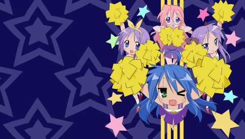 Cheerleader hiiragi kagami hiiragi, tsukasa izumi konata, счастливая звезда, takara miyuki, девочки, помпоны, движение