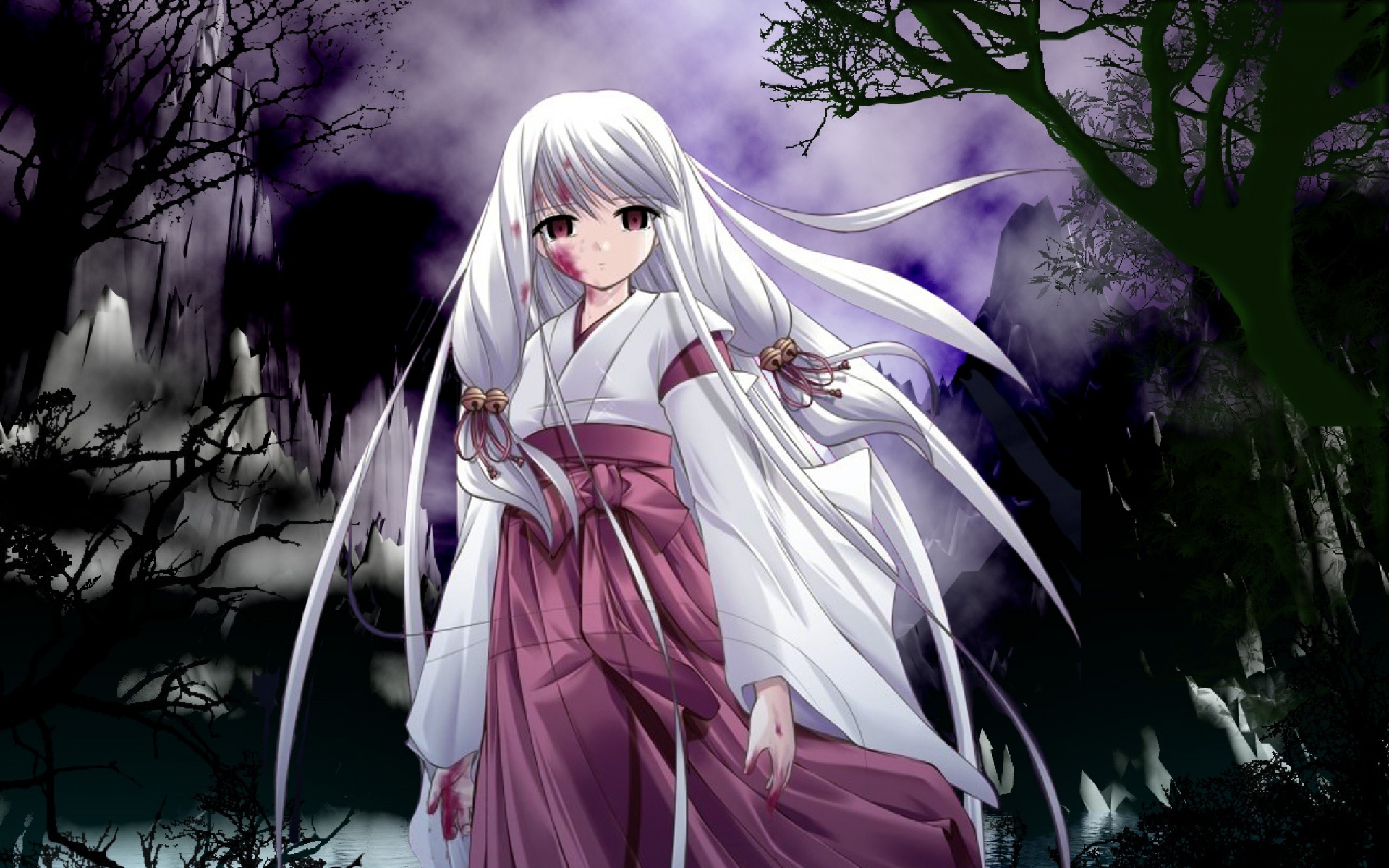 Картинки Miko подписала tsukikagerou, девушка, блондинка, кимоно, ночь, рана фото и обои на рабочий стол