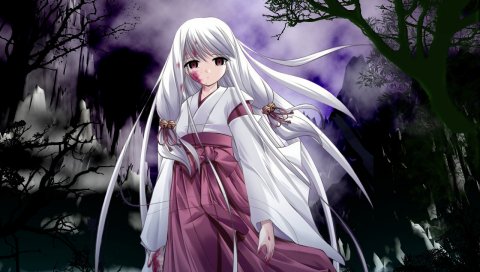 Miko подписала tsukikagerou, девушка, блондинка, кимоно, ночь, рана