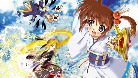 Судьбы testarossa, mahou shoujo лирический nanoha takamachi, девушка, кимоно, удилище, движение