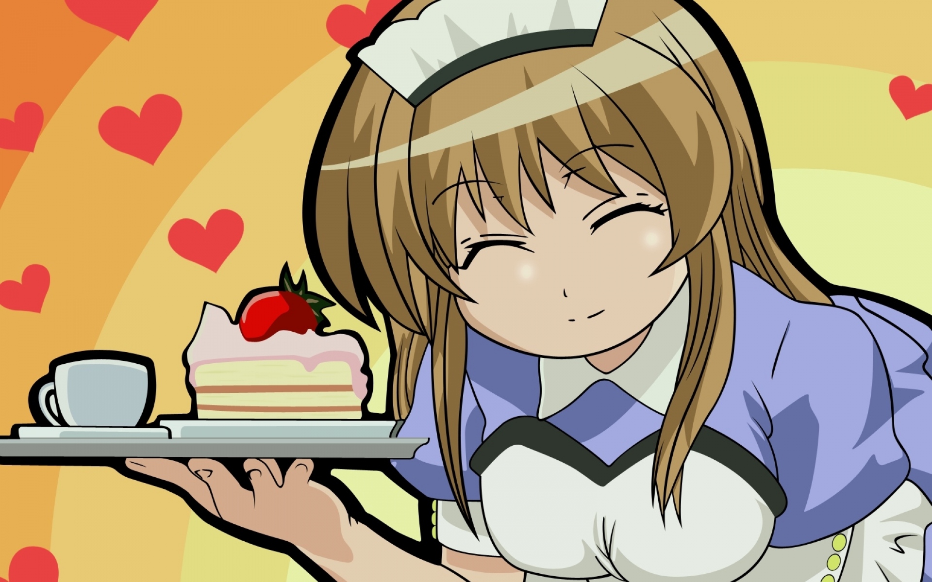 Картинки Momose kurumi pani poni, девушка, официантка, улыбка, поднос фото и обои на рабочий стол