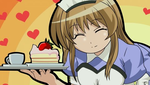 Momose kurumi pani poni, девушка, официантка, улыбка, поднос