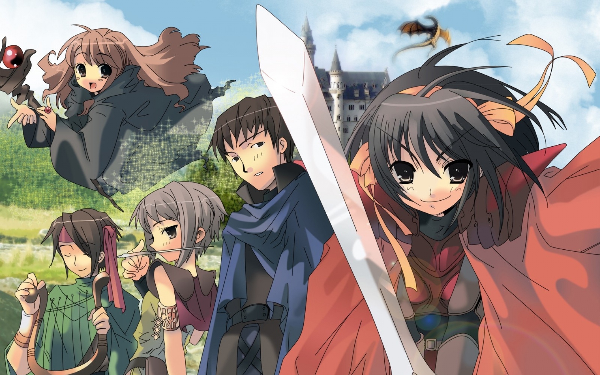 Картинки Asahina mikuru, itou noiji, koizumi itsuki kyon nagato yuki, девушка, меч, улыбка, фото и обои на рабочий стол