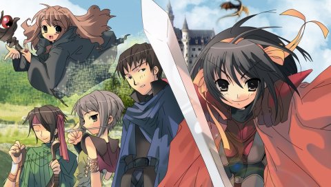 Asahina mikuru, itou noiji, koizumi itsuki kyon nagato yuki, девушка, меч, улыбка,