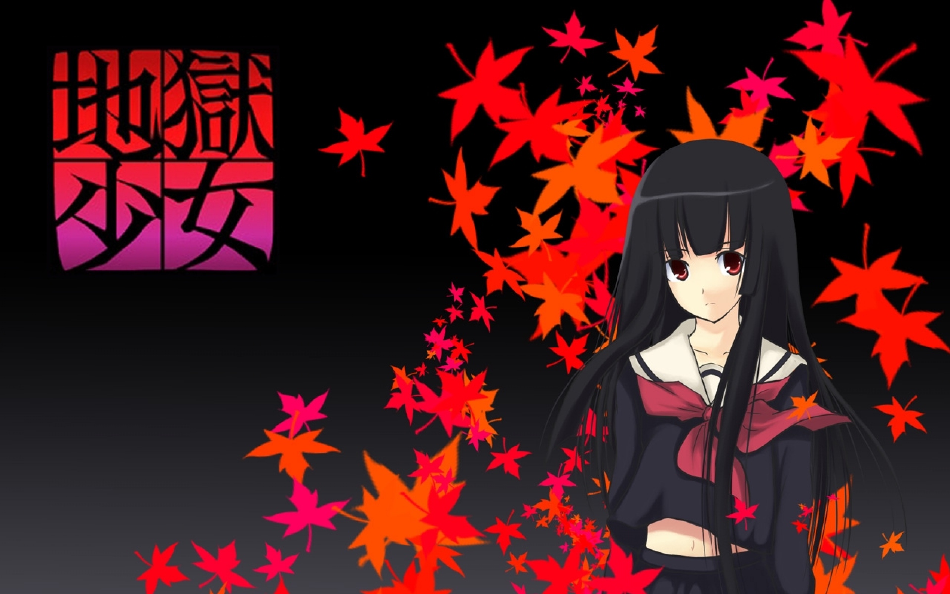 Картинки Enma д.в. Jigoku Shoujo, девушка, брюнетка, листья фото и обои на рабочий стол