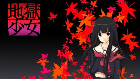 Enma д.в. Jigoku Shoujo, девушка, брюнетка, листья