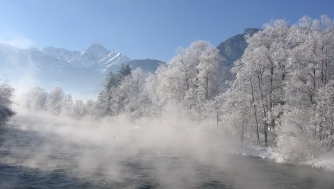 река, деревья, туман, утро, дымка
