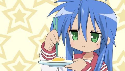 Izumi Konata, счастливая звезда, девушка, яйцо, палочки для еды