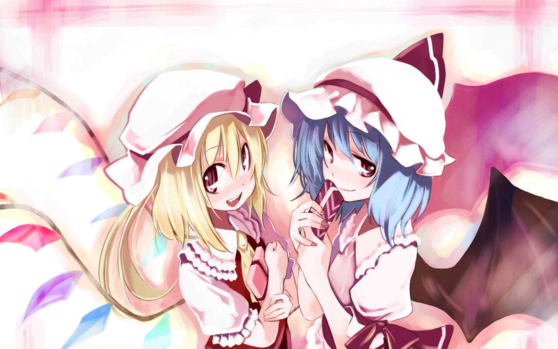 Картинки Алая ремилия, алый touhou, ушики йошитака, девушки, крылья, взгляд, улыбка фото и обои на рабочий стол