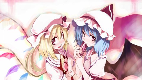 Алая ремилия, алый touhou, ушики йошитака, девушки, крылья, взгляд, улыбка