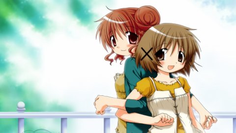 Hidamari sketch hiro ume, aoki yuno, девушки, дружба, румянец