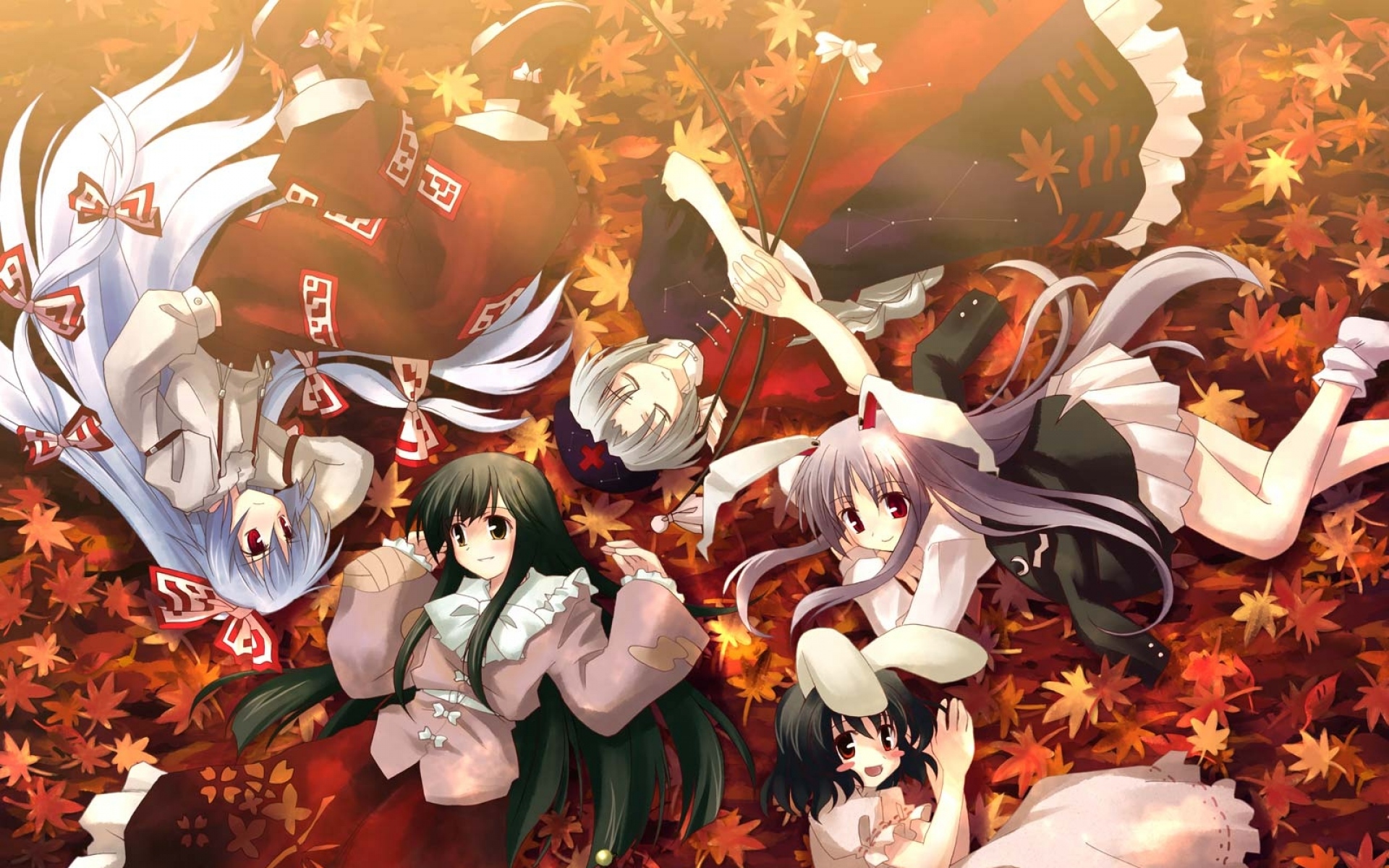 Картинки Mokou houraisan kaguya inaba, yagokoro eirin yuuki tatsuya, девушки, листья, осень фото и обои на рабочий стол