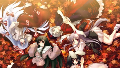 Mokou houraisan kaguya inaba, yagokoro eirin yuuki tatsuya, девушки, листья, осень