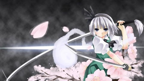 Konpaku youmu, девушка, пистолет, катана, цветы