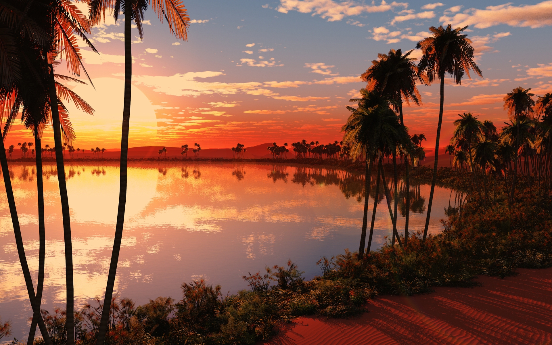 Картинки Озеро, пальмы, закат, солнце, вечер, оранжевый, горизонт фото и обои на рабочий стол
