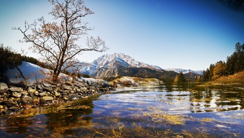 Горы, дерево, река, вода, прозрачный, снизу, растительность, кусты, осень, тишина