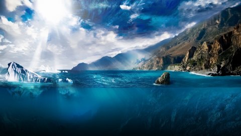 Солнце, свет, лучи, море, океан, льдины, вода, глубина, разрез