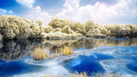 Река, дерево, пейзаж, облака, небо, цвета, свежесть