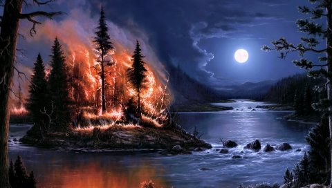 Огонь, полная луна, ночь, река, лес, остров, искусство, живопись