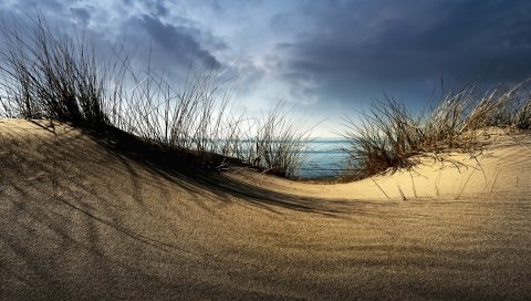 Море, песок, трава, холм, облачно, берег, пустота
