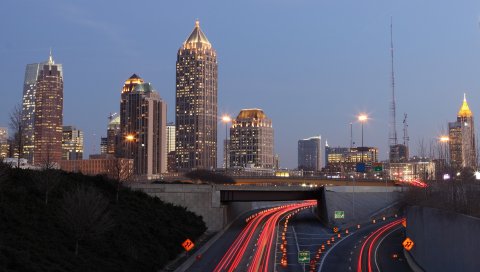 Usa, atlanta, дорога, движение, ночь, здание