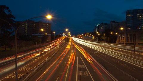 Дорога, ночь, движение, городские огни, скорость