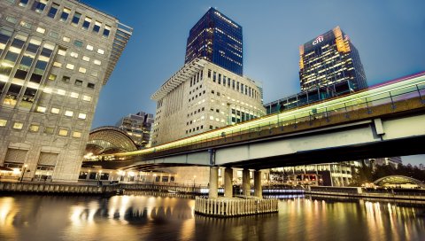 Hong kong, небоскребы, небо, река, мост, hdr