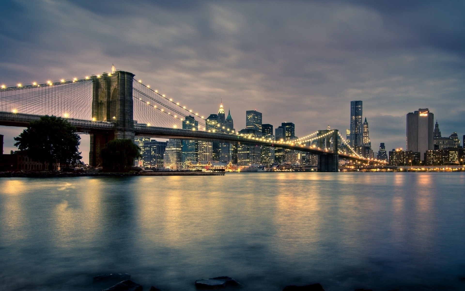 Картинки Бруклинский мост, Манхэттен, город, Нью-Йорк, огни, городские огни, здания фото и обои на рабочий стол