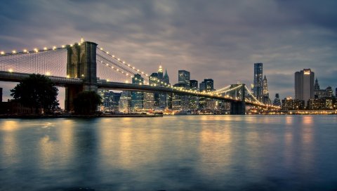 Бруклинский мост, Манхэттен, город, Нью-Йорк, огни, городские огни, здания