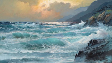 Море, волны, живопись, искусство, буря, рок