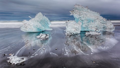 Лед, пляж, песок, валуны, холод