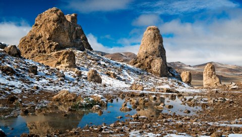 Камни, пустой, холодный, снег, лужа