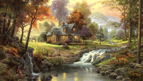 Пейзаж, живопись, искусство, дом, лес, река, животные