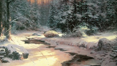 Пейзаж, живопись, искусство, зима, снег, река