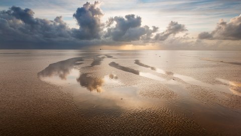 Море, прилива, бассейны, песок, облака, небо, вечер