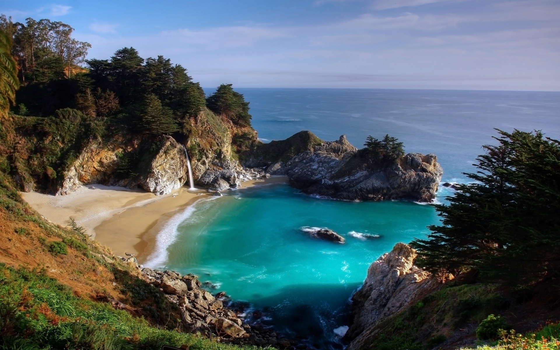 Картинки Бухта, водопад, пляж, голубая вода, тропический фото и обои на рабочий стол