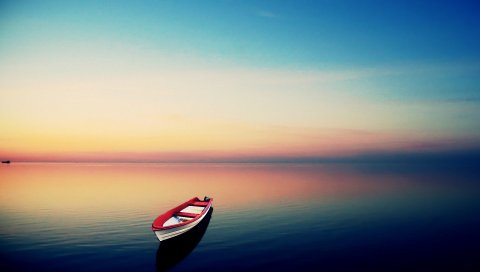 Лодка, море, поверхность воды, одиночество, ночь, закат, горизонт