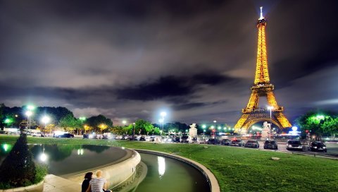 Франция, Париж, Эйфелева башня, свет, ночь, hdr